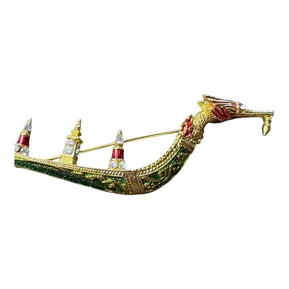 Vintage Thai Suphannahong Royal Barge Brooch Gold‎ Tone Enamel Pin Rhinestones - Picture 3 of 5